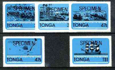 Tonga 1981 175th Anniversary of Capture of Port au Prince self-adhesive set of 5 opt'd SPECIMEN, as SG 798-802 (blocks or gutter pairs pro rata) unmounted mint, stamps on battles, stamps on militaria, stamps on ships, stamps on self adhesive