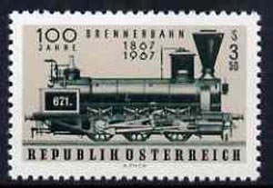 Austria 1967 Centenary of Brenner Railway unmounted mint, SG 1505, stamps on , stamps on  stamps on railways