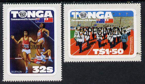 Tonga 1982 Commonwealth Games self-adhesive set of 2 opt'd SPECIMEN (Decathlon & Police Band), as SG 823-24 (blocks or gutter pairs pro rata) unmounted mint, stamps on music, stamps on police, stamps on sport, stamps on running, stamps on self adhesive    high jump, stamps on javelin