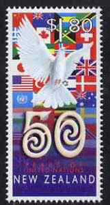 New Zealand 1995 50th Anniversary of United Nations unmounted mint, SG 1942, stamps on flags, stamps on united nations, stamps on birds, stamps on dove