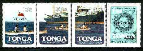 Tonga 1982 Tin Can Mail Centenary self-adhesive set of 4 opt'd SPECIMEN, as SG 817-20 (blocks or gutter pairs with Postal Slogans pro rata) unmounted mint, stamps on , stamps on  stamps on postal, stamps on  stamps on maps, stamps on  stamps on ships, stamps on  stamps on self adhesive