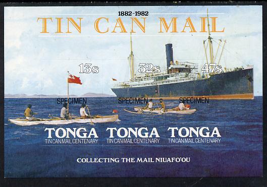 Tonga 1982 Tin Can Mail Centenary self-adhesive m/sheet opt'd SPECIMEN, as SG MS 821 (mail canoe & ship) unmounted mint, stamps on , stamps on  stamps on postal, stamps on  stamps on ships, stamps on  stamps on self adhesive