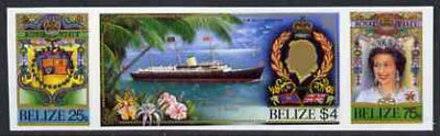 Belize 1985 Royal Visit se-tenant strip of 3 in Cromalin (plastic coated proof) as issued stamps (SG 862a), stamps on , stamps on  stamps on royalty, stamps on  stamps on royal visit, stamps on  stamps on ships, stamps on  stamps on arms, stamps on  stamps on heraldry