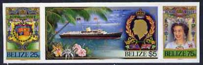 Belize 1985 Royal Visit se-tenant strip of 3 in Cromalin (plastic coated proof) similar to issued stamps except the Britannia stamp is valued $5 and each stamp shows designer's name at bottom (SG 862a), stamps on , stamps on  stamps on royalty, stamps on  stamps on royal visit, stamps on  stamps on ships, stamps on  stamps on arms, stamps on  stamps on heraldry, stamps on  stamps on scots, stamps on  stamps on scotland