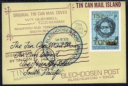 Tonga 1982 Tin Can Mail Centenary self-adhesive m/sheet opt'd SPECIMEN, as SG MS 822 (Map stamp on reproduction of early envelope), stamps on , stamps on  stamps on postal, stamps on  stamps on maps, stamps on  stamps on self adhesive