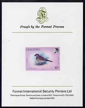 Lesotho 1988 Birds 10s Clapper Lark imperf proof mounted on Format International proof card, as SG 694, stamps on , stamps on  stamps on birds