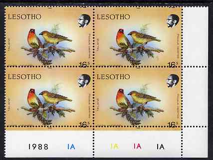 Lesotho 1988 Birds 16s Cape Weaver with horiz perfs shifted (date at top of stamp) SG 796var unmounted mint plate block of 4 from bottom right of sheet showing perfs passing through value and additional date in lower margin, stamps on , stamps on  stamps on birds, stamps on  stamps on weaver