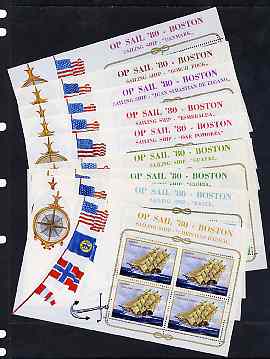 Cinderella - Great Britain 1980 Tall Ships at Boston set of 9 sheetlets, each sheet with a block of 4 undenominated labels from a participating country, stamps on ships