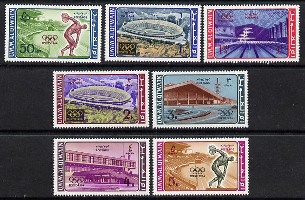 Umm Al Qiwain 1964 Tokyo Olympic Games perf set of 7 unmounted mint (Mi 19-25A) SG 19-25, stamps on olympics, stamps on sport, stamps on civil engineering, stamps on discus  