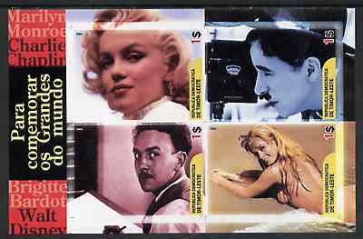 Timor 2004 Film Stars imperf sheetlet containing 4 values (Marilyn, Chaplin, Disney & Brigitte Bardot) unmounted mint, stamps on , stamps on  stamps on films, stamps on  stamps on cinema, stamps on  stamps on entertainments, stamps on  stamps on marilyn, stamps on  stamps on monroe, stamps on  stamps on disney, stamps on  stamps on women, stamps on  stamps on music, stamps on  stamps on personalities, stamps on  stamps on comedy, stamps on  stamps on chaplin