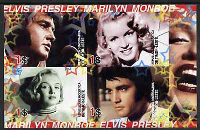 Timor 2004 Elvis Presley & Marilyn Monroe #01 imperf sheetlet containing 4 values unmounted mint, stamps on , stamps on  stamps on films, stamps on  stamps on cinema, stamps on  stamps on entertainments, stamps on  stamps on marilyn, stamps on  stamps on monroe, stamps on  stamps on women, stamps on  stamps on music, stamps on  stamps on personalities, stamps on  stamps on elvis