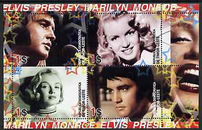 Timor 2004 Elvis Presley & Marilyn Monroe #01 perf sheetlet containing 4 values unmounted mint, stamps on , stamps on  stamps on films, stamps on  stamps on cinema, stamps on  stamps on entertainments, stamps on  stamps on marilyn, stamps on  stamps on monroe, stamps on  stamps on women, stamps on  stamps on music, stamps on  stamps on personalities, stamps on  stamps on elvis