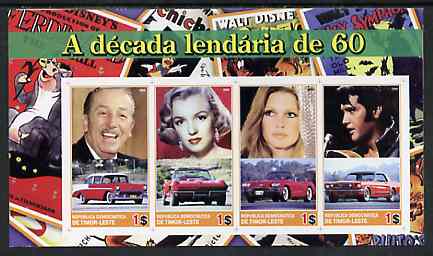 Timor 2004 The 1960's Decade imperf sheetlet containing 4 values (Marilyn, Brigitte Bardot, Elvis, Disney & Cars) unmounted mint, stamps on , stamps on  stamps on films, stamps on  stamps on cinema, stamps on  stamps on entertainments, stamps on  stamps on marilyn, stamps on  stamps on monroe, stamps on  stamps on disney, stamps on  stamps on women, stamps on  stamps on music, stamps on  stamps on personalities, stamps on  stamps on elvis, stamps on  stamps on cars, stamps on  stamps on 