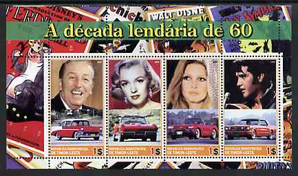 Timor 2004 The 1960s Decade perf sheetlet containing 4 values (Marilyn, Brigitte Bardot, Elvis, Disney & Cars) unmounted mint, stamps on films, stamps on cinema, stamps on entertainments, stamps on marilyn, stamps on monroe, stamps on disney, stamps on women, stamps on music, stamps on personalities, stamps on elvis, stamps on cars, stamps on 