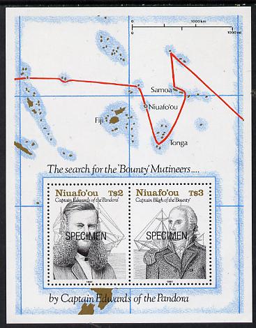 Tonga - Niuafo'ou 1991 Charting m/sheet opt'd SPECIMEN (Capt Bligh, Edwards, their Ships & Course) unmounted mint, as SG MS 155, stamps on explorers, stamps on maps, stamps on ships, stamps on bligh, stamps on navigation