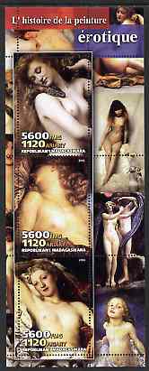 Madagascar 2004 Erotic Paintings #01 perf sheetlet containing 3 values unmounted mint, stamps on , stamps on  stamps on arts, stamps on  stamps on nudes, stamps on  stamps on women, stamps on  stamps on erotica