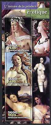 Madagascar 2004 Erotic Paintings #02 perf sheetlet containing 3 values unmounted mint, stamps on arts, stamps on nudes, stamps on women, stamps on erotica