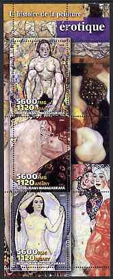 Madagascar 2004 Erotic Paintings #03 perf sheetlet containing 3 values unmounted mint, stamps on arts, stamps on nudes, stamps on women, stamps on erotica