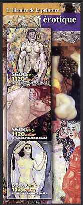 Madagascar 2004 Erotic Paintings #03 imperf sheetlet containing 3 values unmounted mint, stamps on arts, stamps on nudes, stamps on women, stamps on erotica