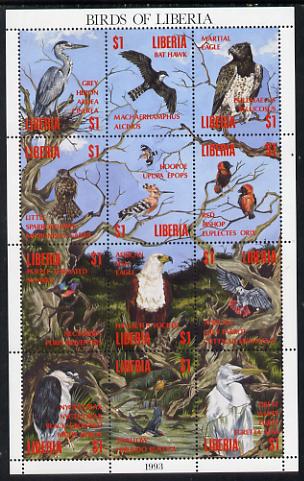 Liberia 1993 Birds of Liberia perf sheetlet containing 12 values unmounted mint, stamps on , stamps on  stamps on birds, stamps on  stamps on egrets, stamps on  stamps on hawks, stamps on  stamps on birds of prey, stamps on  stamps on eagles, stamps on  stamps on herons, stamps on  stamps on hoopoes, stamps on  stamps on parrots