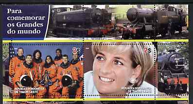 Timor 2004 Commemorating World Greats #03 perf sheetlet containing 2 values (Space Crew & Diana) unmounted mint, stamps on , stamps on  stamps on transport, stamps on  stamps on railways, stamps on  stamps on space, stamps on  stamps on aviation, stamps on  stamps on diana, stamps on  stamps on royalty