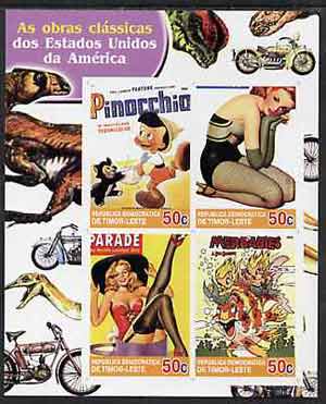 Timor 2004 Classics from the USA #02 imperf sheetlet containing 4 values (Pinocchio & Pin-ups) unmounted mint, stamps on motorbikes, stamps on dinosaurs, stamps on disney, stamps on pin-ups, stamps on women