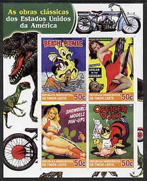 Timor 2004 Classics from the USA #03 imperf sheetlet containing 4 values (Disney Beach Picnic & Pin-ups) unmounted mint, stamps on motorbikes, stamps on dinosaurs, stamps on disney, stamps on pin-ups, stamps on women