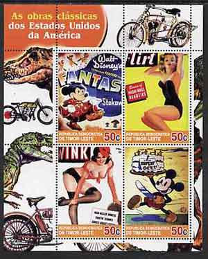 Timor 2004 Classics from the USA #04 perf sheetlet containing 4 values (Fantasia & Pin-ups) unmounted mint, stamps on , stamps on  stamps on motorbikes, stamps on  stamps on dinosaurs, stamps on  stamps on disney, stamps on  stamps on pin-ups, stamps on  stamps on women