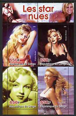 Congo 2004 The Nude Star - Marilyn Monroe & Brigitte Bardot perf sheetlet containing 4 values unmounted mint, stamps on , stamps on  stamps on films, stamps on  stamps on cinema, stamps on  stamps on entertainments, stamps on  stamps on marilyn, stamps on  stamps on monroe, stamps on  stamps on women, stamps on  stamps on music, stamps on  stamps on personalities, stamps on  stamps on nudes, stamps on  stamps on 