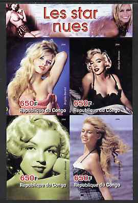 Congo 2004 The Nude Star - Marilyn Monroe & Brigitte Bardot imperf sheetlet containing 4 values unmounted mint, stamps on films, stamps on cinema, stamps on entertainments, stamps on marilyn, stamps on monroe, stamps on women, stamps on music, stamps on personalities, stamps on nudes, stamps on 