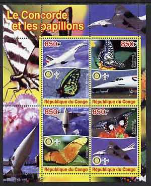 Congo 2005 Concorde & Butterflies perf sheetlet containing 4 values (each with Scout & Rotary Logos) unmounted mint, stamps on concorde, stamps on aviation, stamps on butterflies, stamps on totary, stamps on scouts