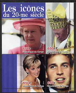 Congo 2004 Icons of the 20th Century #01 perf sheetlet containing 4 values (The Queen, Diana, Pope & Prince William) unmounted mint, stamps on personalities, stamps on royalty, stamps on diana, stamps on pope, stamps on 