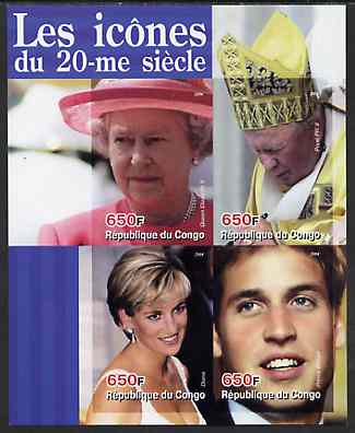 Congo 2004 Icons of the 20th Century #01 imperf sheetlet containing 4 values (The Queen, Diana, Pope & Prince William) unmounted mint, stamps on , stamps on  stamps on personalities, stamps on  stamps on royalty, stamps on  stamps on diana, stamps on  stamps on pope, stamps on  stamps on 