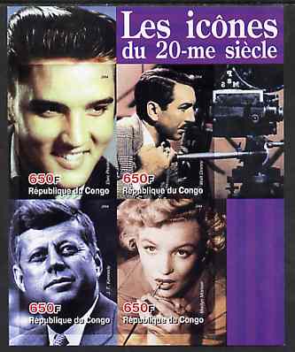 Congo 2004 Icons of the 20th Century #03 imperf sheetlet containing 4 values (Elvis, Disney, JFK & Marilyn) unmounted mint, stamps on personalities, stamps on royalty, stamps on disney, stamps on kennedy, stamps on elvis, stamps on marilyn, stamps on films, stamps on cinema, stamps on entertainments, stamps on marilyn monroe