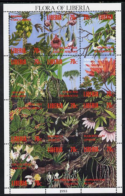 Liberia 1993 Flora of Liberia perf sheetlet containing 12 values unmounted mint, stamps on flowers, stamps on orchids