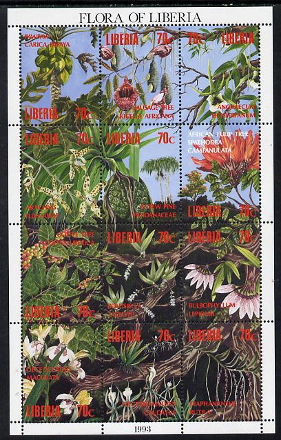 Liberia 1993 Flora of Liberia perf sheetlet containing 12 values unmounted mint, stamps on , stamps on  stamps on flowers, stamps on  stamps on orchids