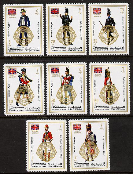 Manama 1972 Lions Clubs opts on Uniforms perf set of 8 unmounted mint, Mi 824-31A, stamps on militaria, stamps on rotary, stamps on masonics, stamps on lions int, stamps on uniforms, stamps on masonry