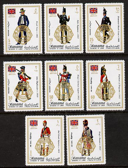 Manama 1972 Lions Clubs opts on Uniforms perf set of 8 unmounted mint, Mi 824-31A, stamps on , stamps on  stamps on militaria, stamps on  stamps on rotary, stamps on  stamps on masonics, stamps on  stamps on lions int, stamps on  stamps on uniforms, stamps on  stamps on masonry