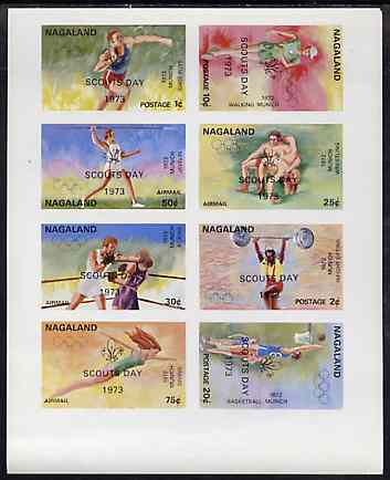 Nagaland 1973 Scouts Day opt'd on 1972 Munich Olympic Games imperf sheetlet containing complete set of 8 values unmounted mint, stamps on sport, stamps on olympics, stamps on scouts, stamps on shop, stamps on walking, stamps on wrestling, stamps on javellin, stamps on weights, stamps on weightlifting, stamps on boxing, stamps on diving, stamps on basketball