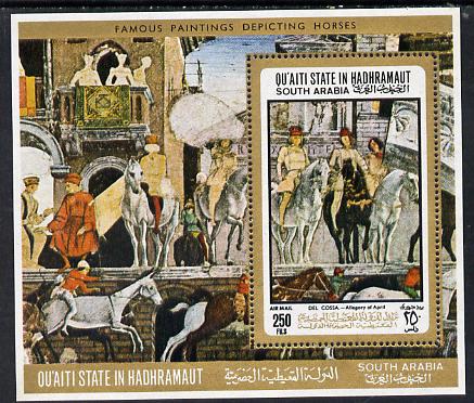 Aden - Quaiti 1967 Horses by Del Cossa perf miniature sheet unmounted mint Mi 19A, stamps on animals    arts    horses