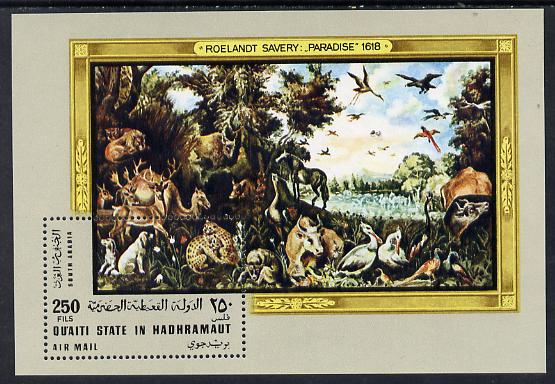 Aden - Qu'aiti 1967 Paradise by Savery perf miniature sheet unmounted mint Mi 22A, stamps on animals    arts     cats    pigs   swine     deer    dogs    horses     cows    bovine