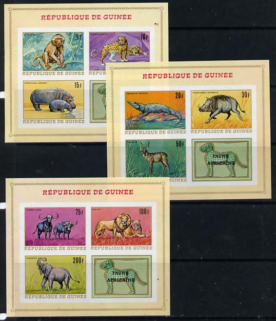 Guinea - Conakry 1968 Wildlife set of 3 m/sheets (SG MS 667), stamps on animals   cats   pigs    swine    elephants    buffalo    bovine