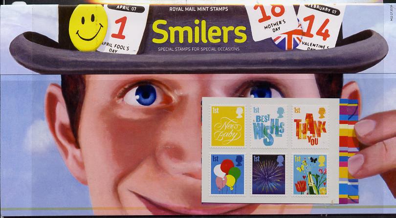 Great Britain 2006 Smilers - Booklet stamps self adhesive set of 6 in official presentation pack unmounted mint SG 2672-77, stamps on self adhesives, stamps on balloons, stamps on 