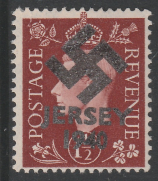 Jersey 1940 Swastika opt on Great Britain KG6 1.5d brown produced during the German Occupation but unissued due to local feelings. This is a copy of the overprint on a genuine stamp with forgery handstamped on the back, unmounted mint in presentation folder., stamps on , stamps on  stamps on forgery, stamps on  stamps on  kg6 , stamps on  stamps on  ww2 , stamps on  stamps on 