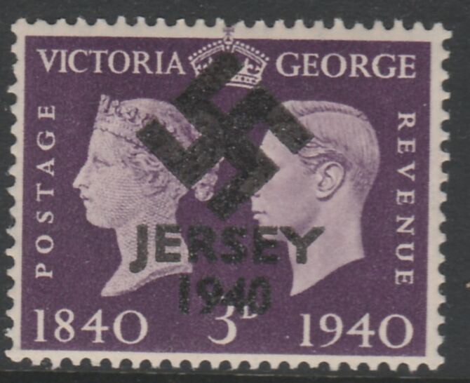 Jersey 1940 Swastika opt on Great Britain KG6 Centenary 3d produced during the German Occupation but unissued due to local feelings. This is a copy of the overprint on a genuine stamp with forgery handstamped on the back, unmounted mint on presentation card.23/3/2020, stamps on , stamps on  stamps on forgery, stamps on  stamps on  kg6 , stamps on  stamps on  ww2 , stamps on  stamps on 