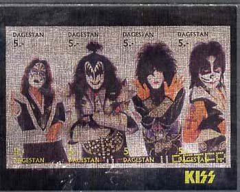 Dagestan Republic 1998 Kiss imperf sheetlet containing set of 8 values printed on metallic foil unmounted mint, stamps on personalities, stamps on entertainments, stamps on music, stamps on pops, stamps on rock