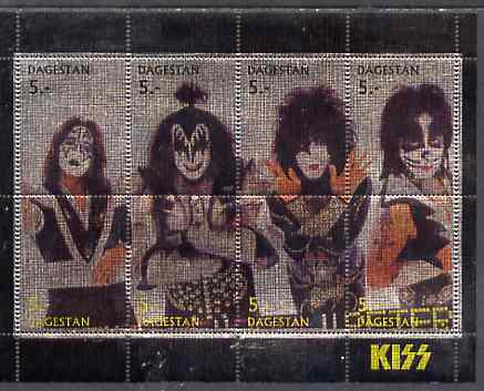 Dagestan Republic 1998 Kiss perf sheetlet containing set of 8 values printed on metallic foil unmounted mint, stamps on personalities, stamps on entertainments, stamps on music, stamps on pops, stamps on rock