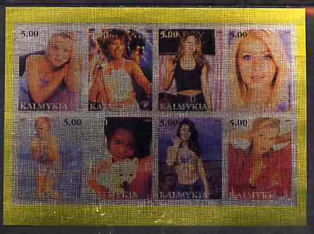 Kalmikia Republic 2000 Pop Singers (Women) imperf sheetlet containing set of 8 values printed on metallic foil unmounted mint (Britney, Mariah Carey, Madonna, Kylie etc), stamps on , stamps on  stamps on personalities, stamps on  stamps on entertainments, stamps on  stamps on music, stamps on  stamps on pops, stamps on  stamps on rock, stamps on  stamps on women