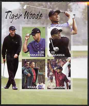 Chakasia 2001 Tiger Woods imperf sheetlet containing 4 values complete unmounted mint, stamps on , stamps on  stamps on sport, stamps on golf