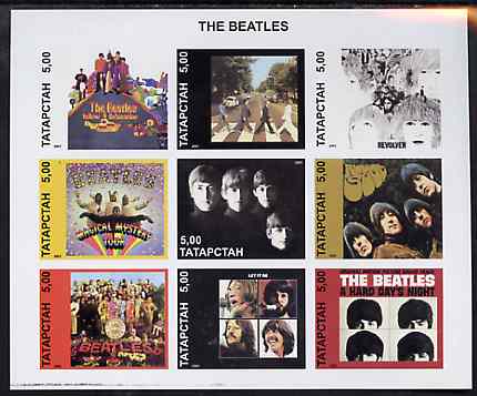 Tatarstan Republic 2001 The Beatles (LP Sleeves) imperf sheetlet containing set of 9 values unmounted mint, stamps on , stamps on  stamps on pops, stamps on  stamps on  tv , stamps on  stamps on films, stamps on  stamps on entertainments, stamps on  stamps on music, stamps on  stamps on personalities, stamps on  stamps on beatles